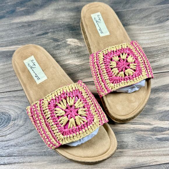 NIB VINTAGE HAVANA Mimi Crochet Slide Sandals Natural/Pink 7.5M - Picture 2 of 8